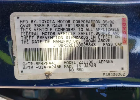 2003 Toyota Corolla Le from USA, damaged, VIN JTDBR32E130025843